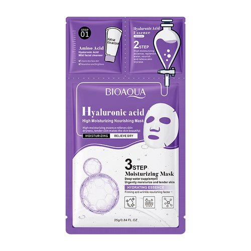 Три этапная тканевая маска для лица с гиалуроновой кислотой Bioaqua Hyaluronic Acid High Moisturizing Nourishing Mask 0.8мл+0.8г+25г