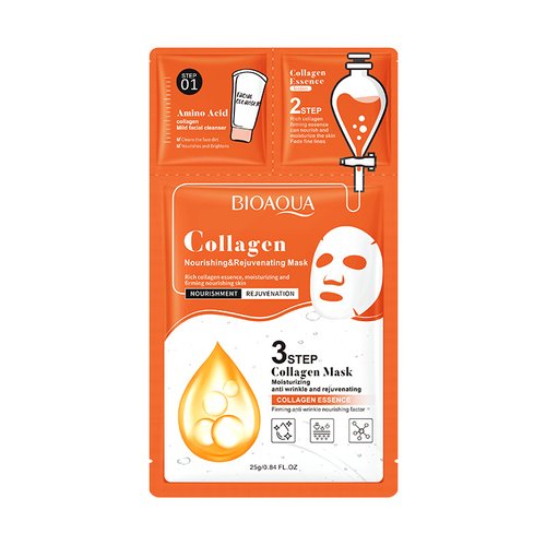 Три етапна тканинна маска для обличчя з колагеном Bioaqua Collagen Nourishing Rejuvenating Mask 0.8мл+0.8г+25г