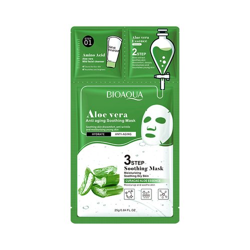 Три етапна тканинна маска для обличчя з алое вера Bioaqua Aloe Vera Anti Agning Soothing Mask 0.8мл+0.8г+25г