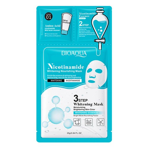 Три етапна тканинна маска для обличчя з нікотинамідом BIOAQUA Nicotinamide Whitening Nourishing Mask 0.8мл+0.8г+25г